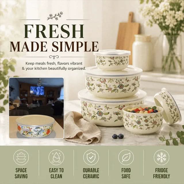 Storage Bowls Enamel Mixing Nestable Floral Deep with Lids Included 9