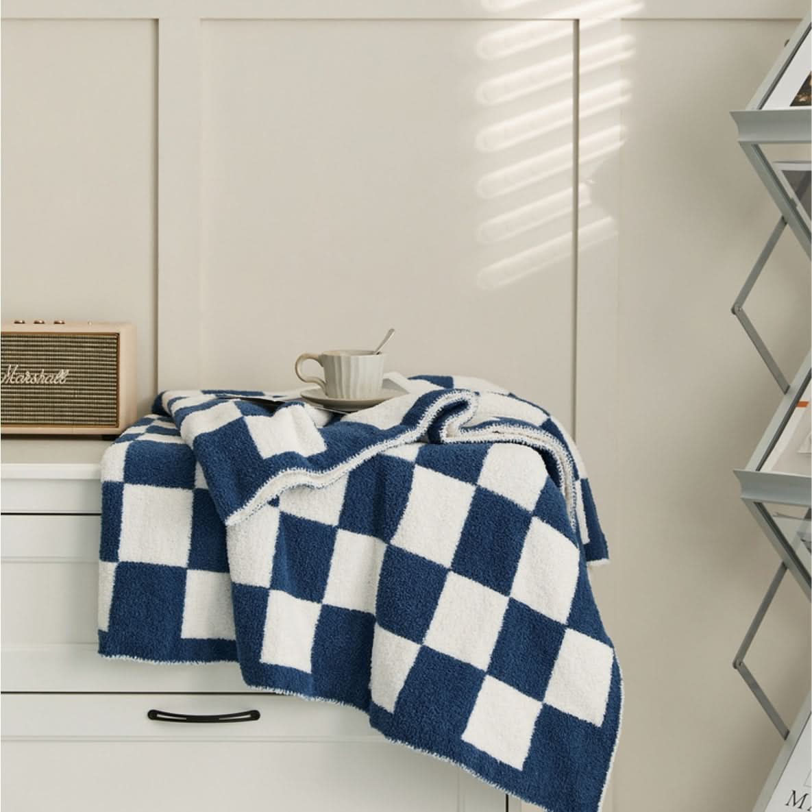 Checkerboard Throw Blanket Knit Two-Tone Versatile with Cosy Texture 8