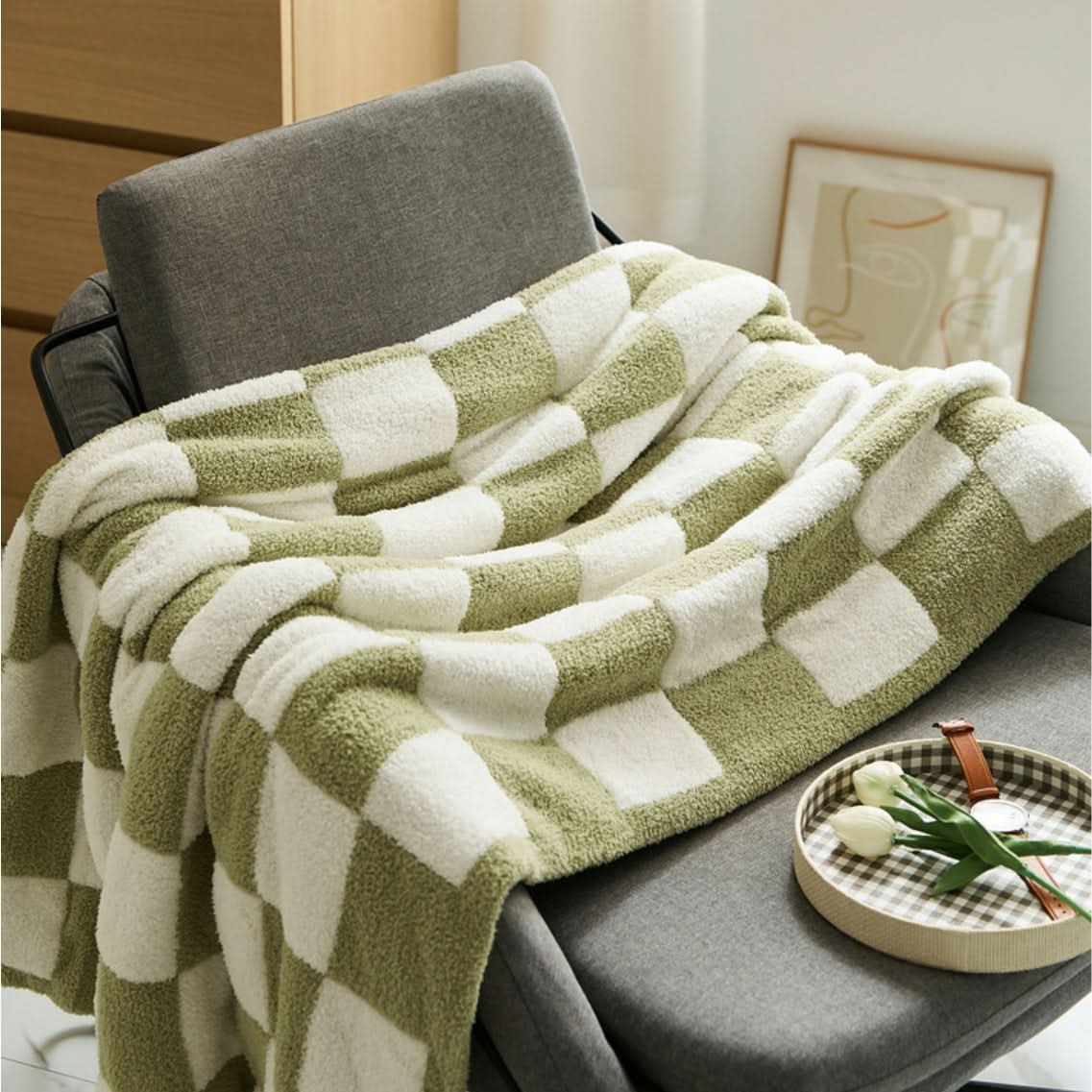 Checkerboard Throw Blanket Knit Two-Tone Versatile with Cosy Texture 2