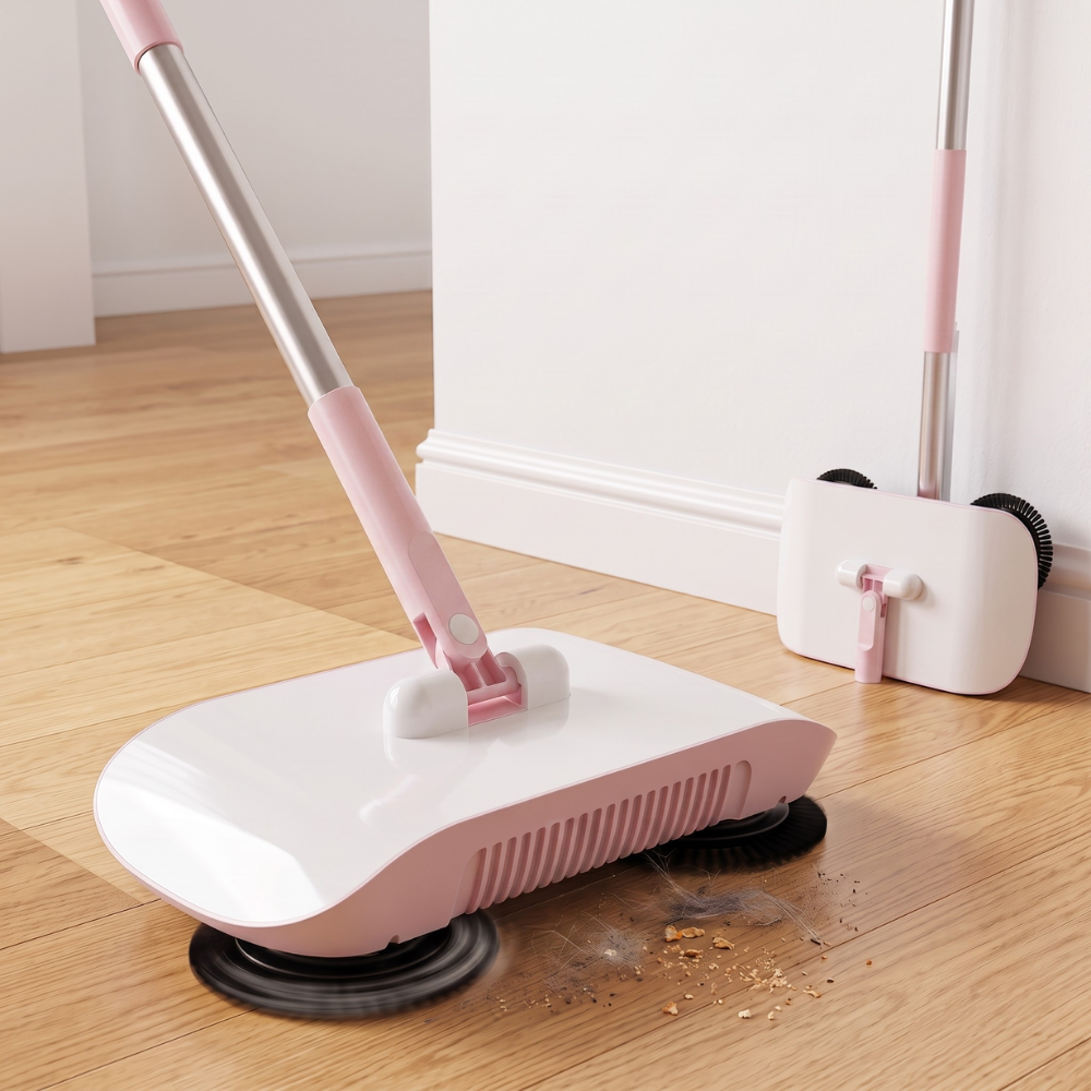 3-In-1 Household Sweeper | Twin Brushes, Push To Sweep