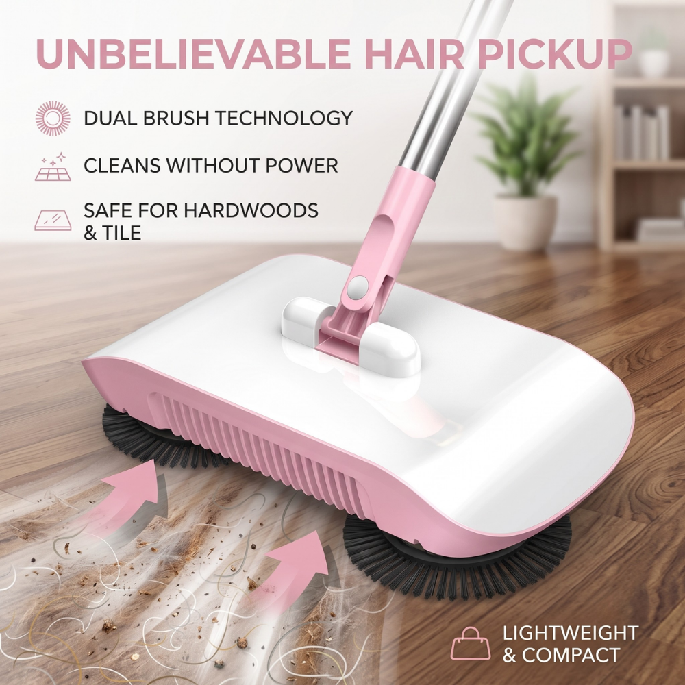 3-In-1 Household Sweeper | Twin Brushes, Push To Sweep
