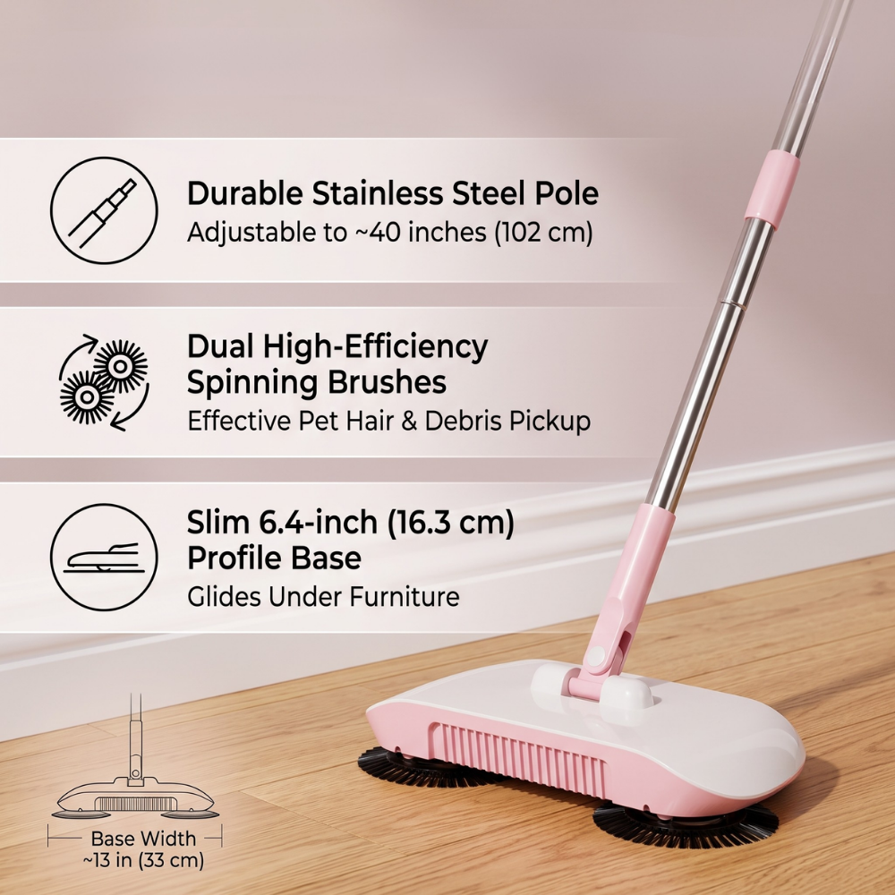 3-In-1 Household Sweeper | Twin Brushes, Push To Sweep