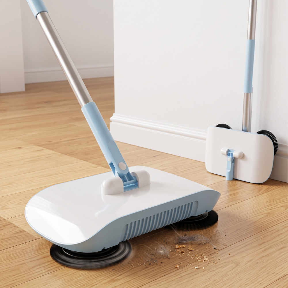 3-In-1 Household Sweeper | Twin Brushes, Push To Sweep
