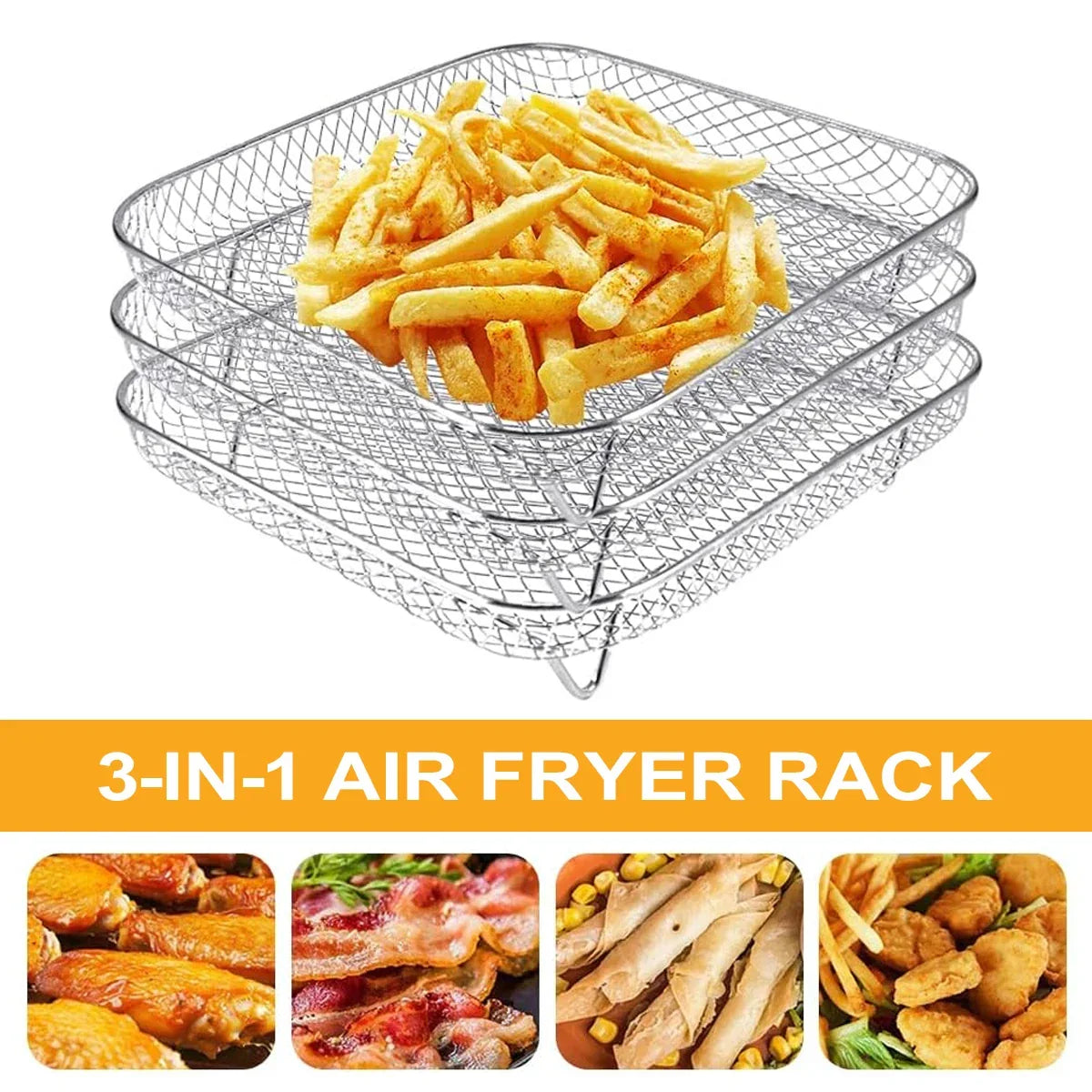 3-Tier Stackable Air Fryer Rack Stainless Steel | Fits Round, Square and Rectangle Fryers | Cooks More Food Evenly at Once