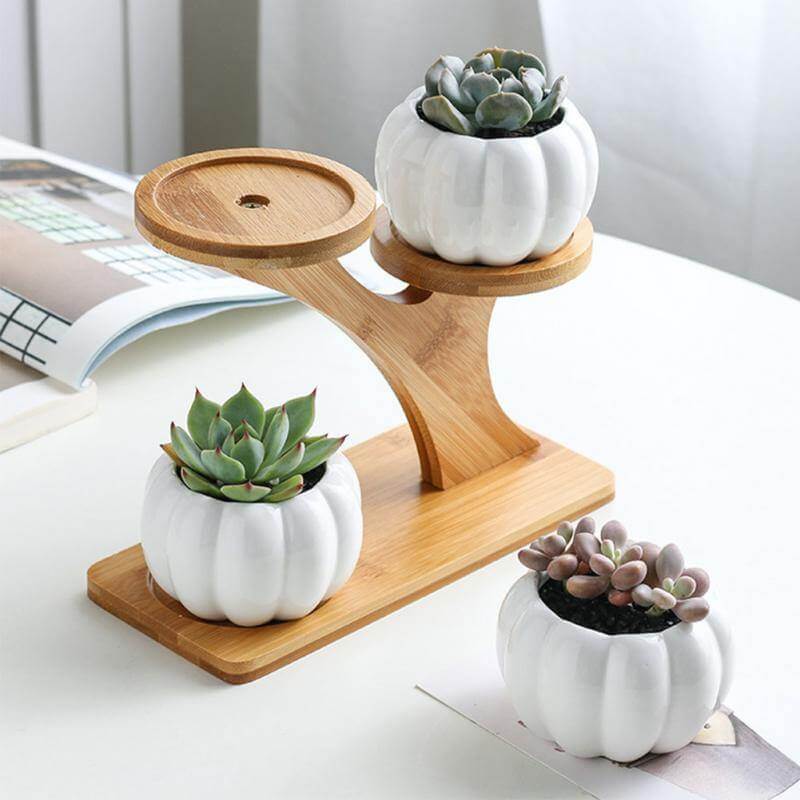 3 Tier Vase Stand Bamboo Ceramic Pumpkin Space Saving with Drainage Holes