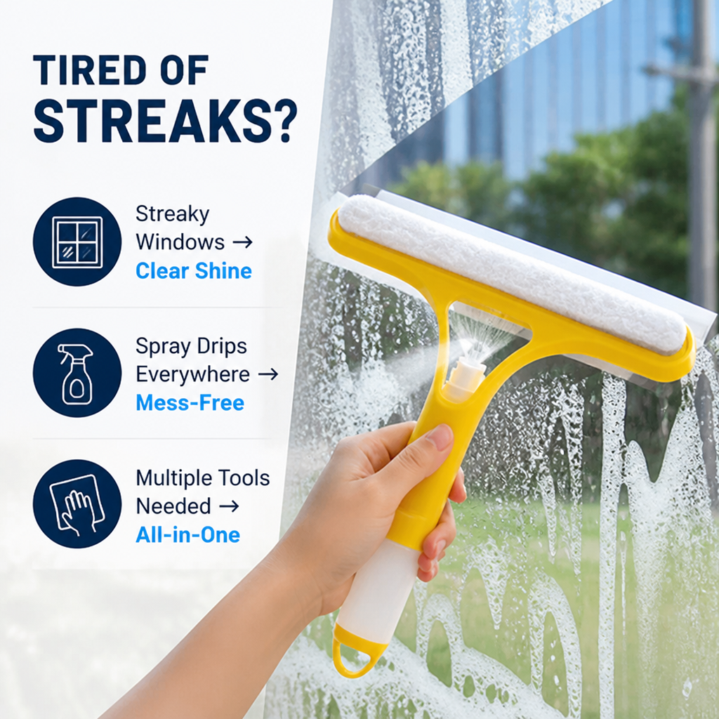 3-in-1 Glass Cleaning Tool with Silicone Wiper | Sprays, Scrubs and Dries in One Sweep | Streak-Free Shine for Glass and Windows