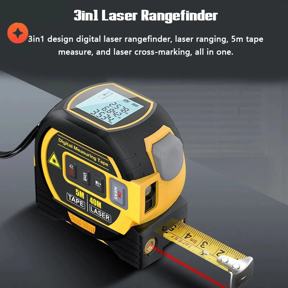 3-in-1 Laser Rangefinder | 40m Digital Laser & 5m Tape Measure Tool