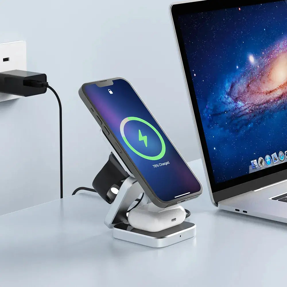 3-in-1 Wireless Charging Station | Foldable Design, Single USB-C Cable | Charges Phone, Watch and Earbuds Simultaneously