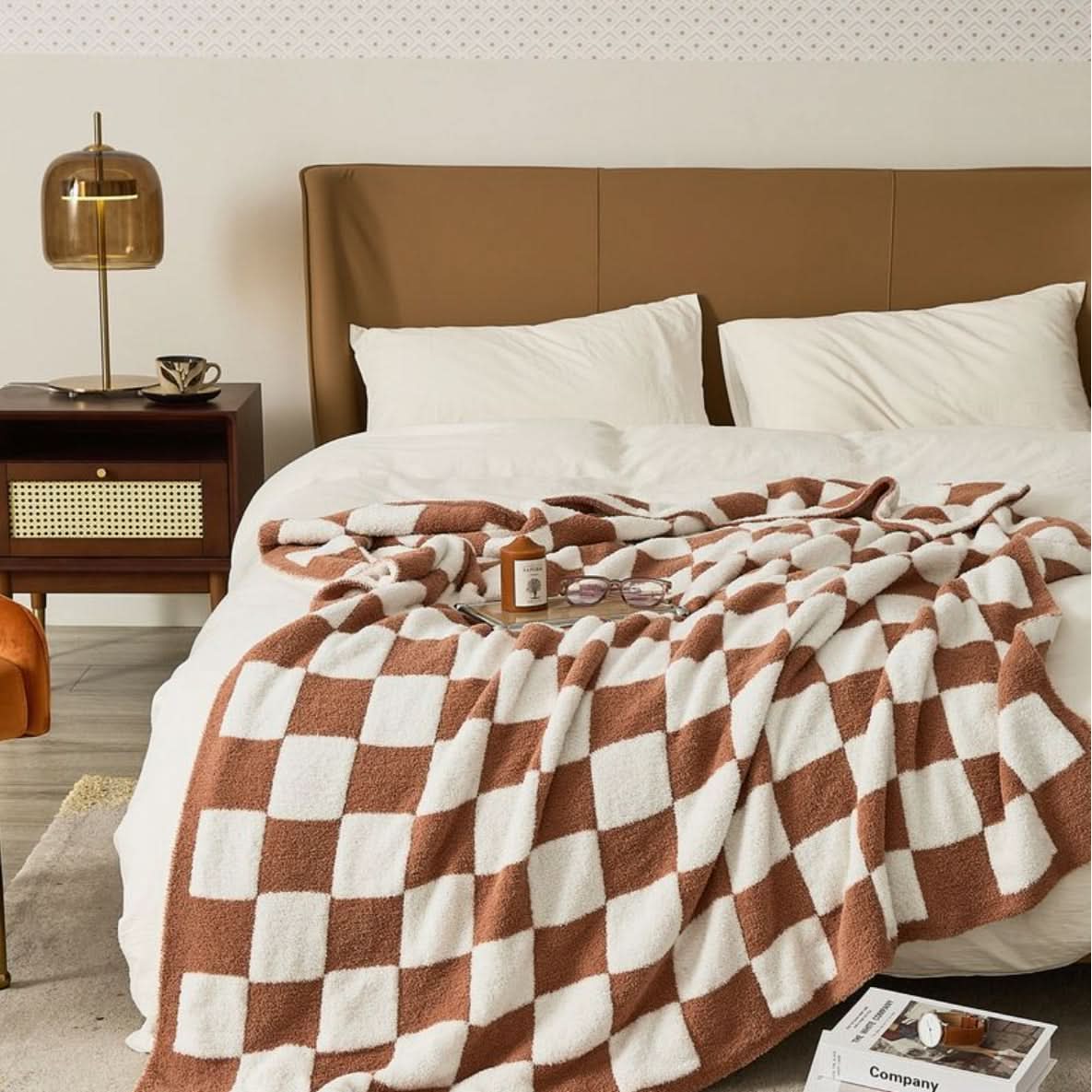 Checkerboard Throw Blanket Knit Two-Tone Versatile with Cosy Texture 7
