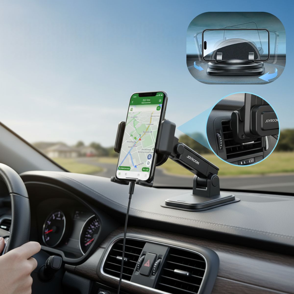 360° Rotating Car Phone Mount | Adjustable Dashboard & Air Vent Holder | Tool-Free Install, Universal Phone Fit