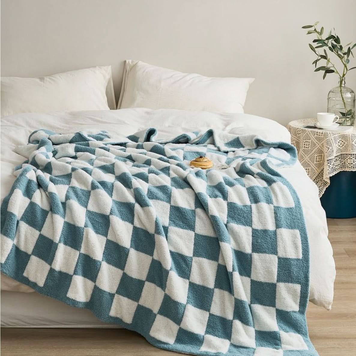 Checkerboard Throw Blanket Knit Two-Tone Versatile with Cosy Texture 9