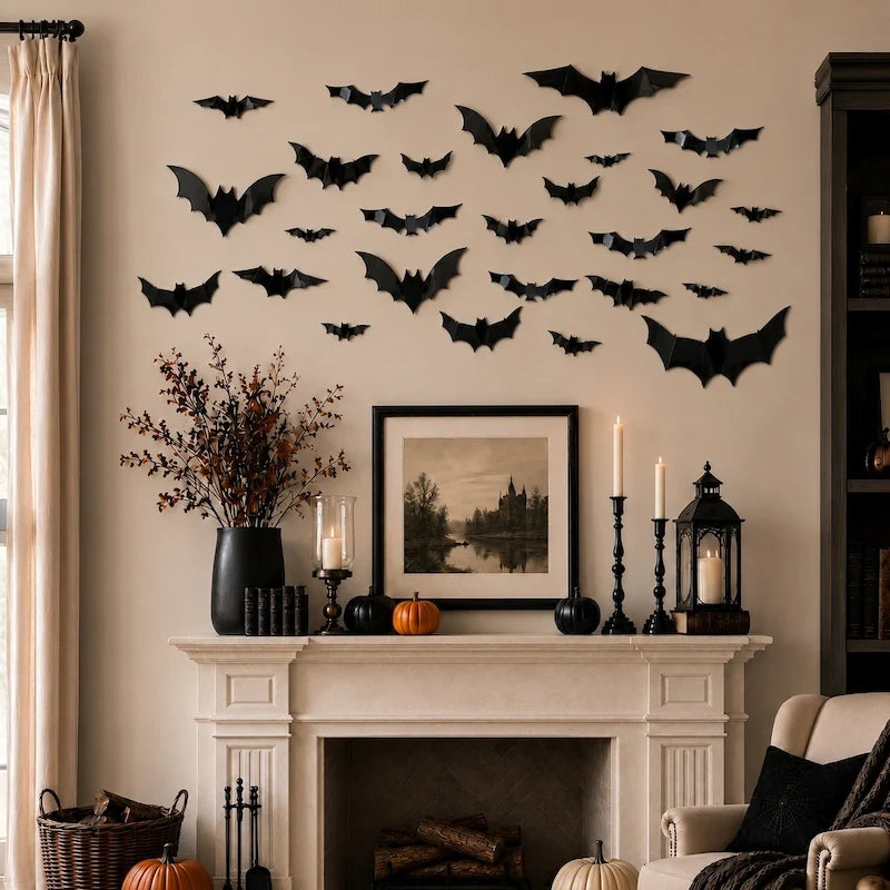 3D Bat Swarm Halloween Wall Decorations | 24, 48 or 72 Foldable PVC Bats | LED or Non-LED Versions for Atmospheric Spooky Display