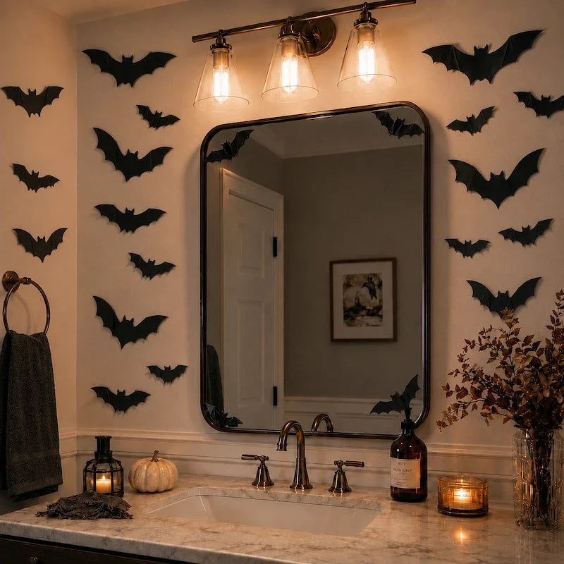 3D Bat Swarm Halloween Wall Decorations | 24, 48 or 72 Foldable PVC Bats | LED or Non-LED Versions for Atmospheric Spooky Display