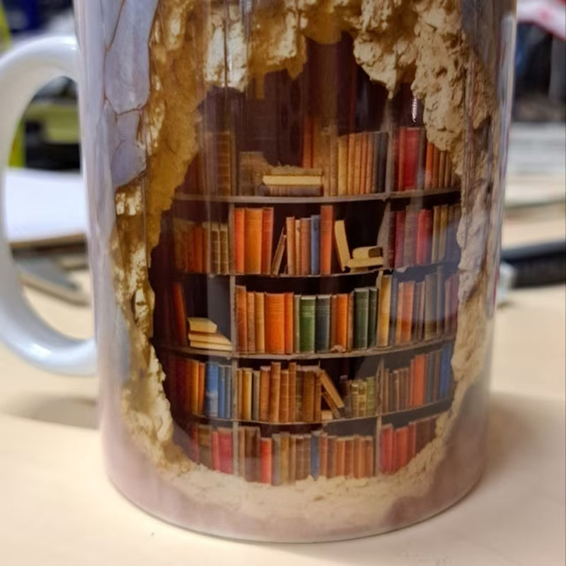3D Bookshelf Mug Ceramic | Hole-In-The-Wall Book Design | Microwave & Dishwasher Safe Novelty Gift for Book Lovers