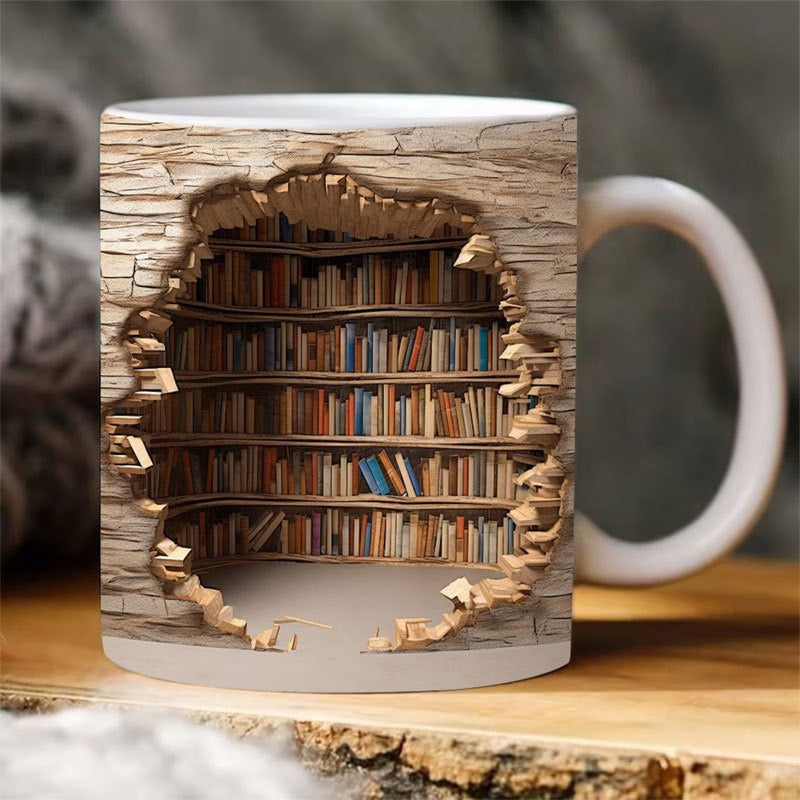 3D Bookshelf Mug Ceramic | Hole-In-The-Wall Book Design | Microwave & Dishwasher Safe Novelty Gift for Book Lovers