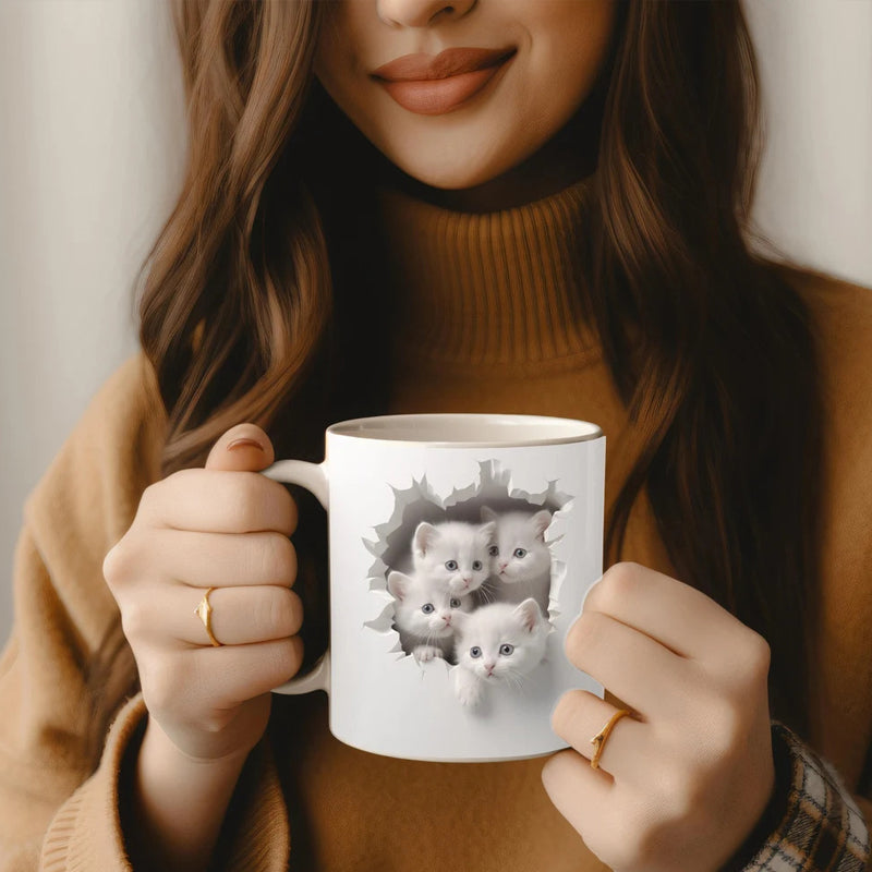 3D Kitten Mug Ceramic | Cat Peeking Through Hole In A Wall Design | 350ml Novelty Coffee Cup Gift for Cat Lovers