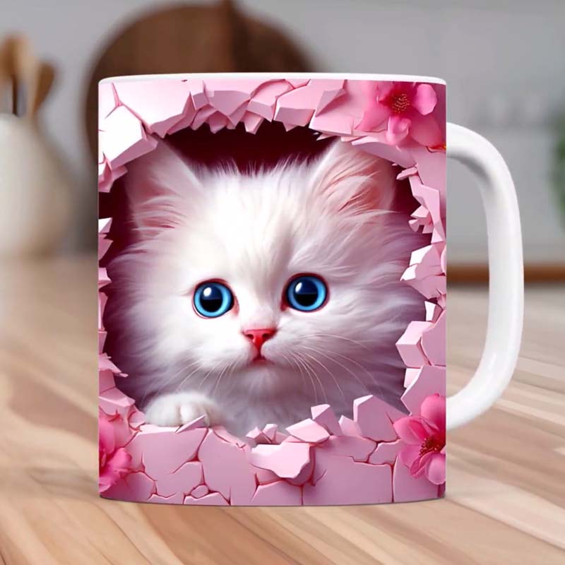 3D Kitten Mug Ceramic | Cat Peeking Through Hole In A Wall Design | 350ml Novelty Coffee Cup Gift for Cat Lovers