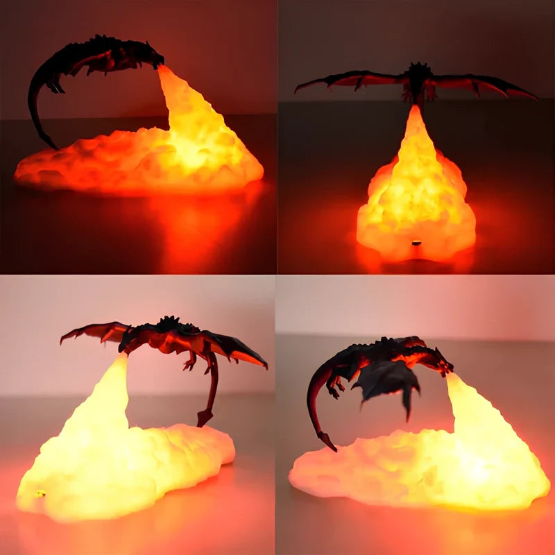 3D Printed Dragon Night Light | Flickering Flame Glow | Rechargeable Cordless USB LED, Up to 10 Hours