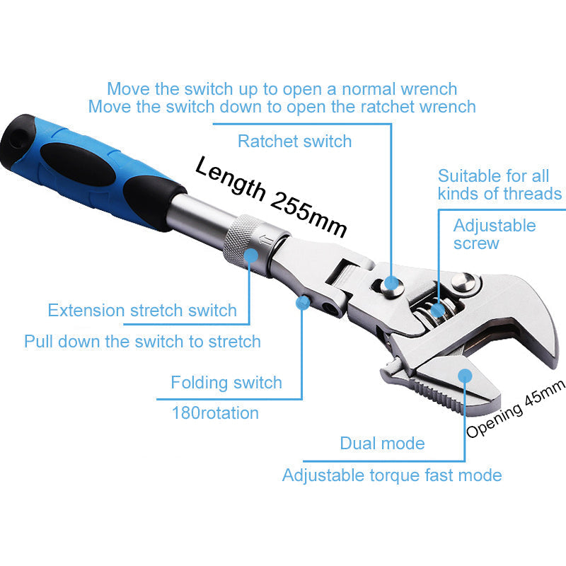5-in-1 Retractable Adjustable Wrench | 180° Rotating Ratchet Head | Chrome-Molybdenum Steel, Dual Mode Torque Switch 3