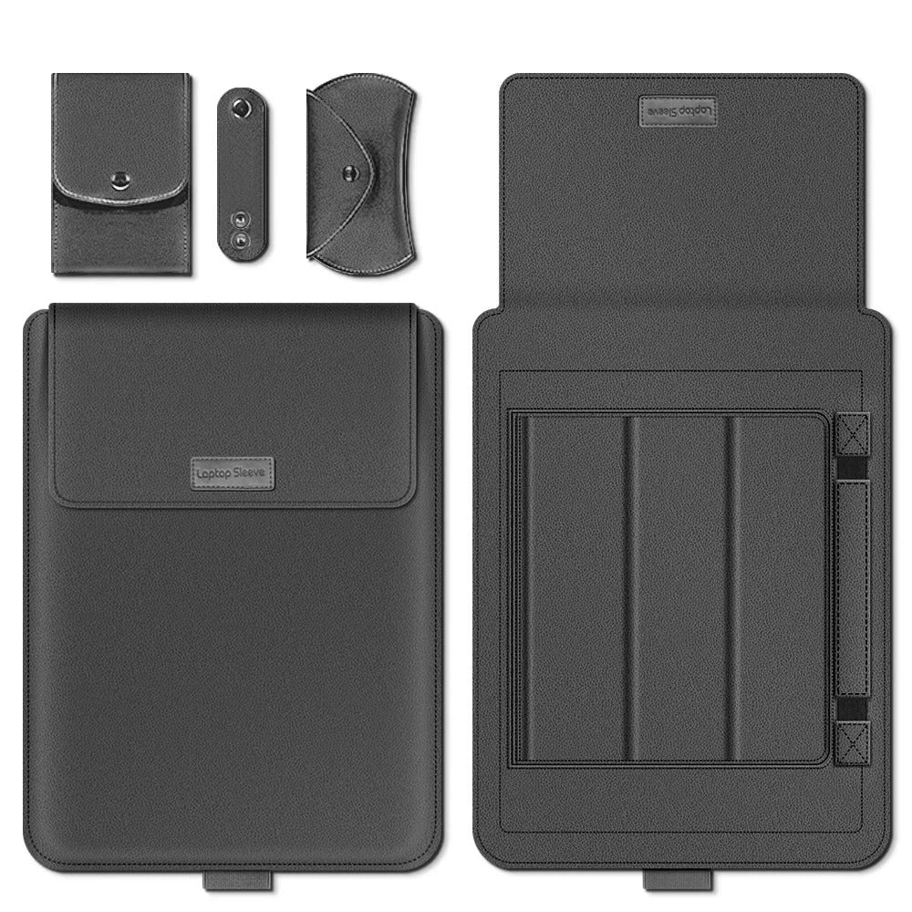4-in-1 Laptop Sleeve PU Leather | Built-In Stand, Mouse Pad & Storage Bag | Waterproof, Scratch-Resistant Protective Case