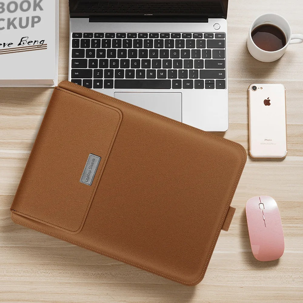 4-in-1 Laptop Sleeve PU Leather | Built-In Stand, Mouse Pad & Storage Bag | Waterproof, Scratch-Resistant Protective Case