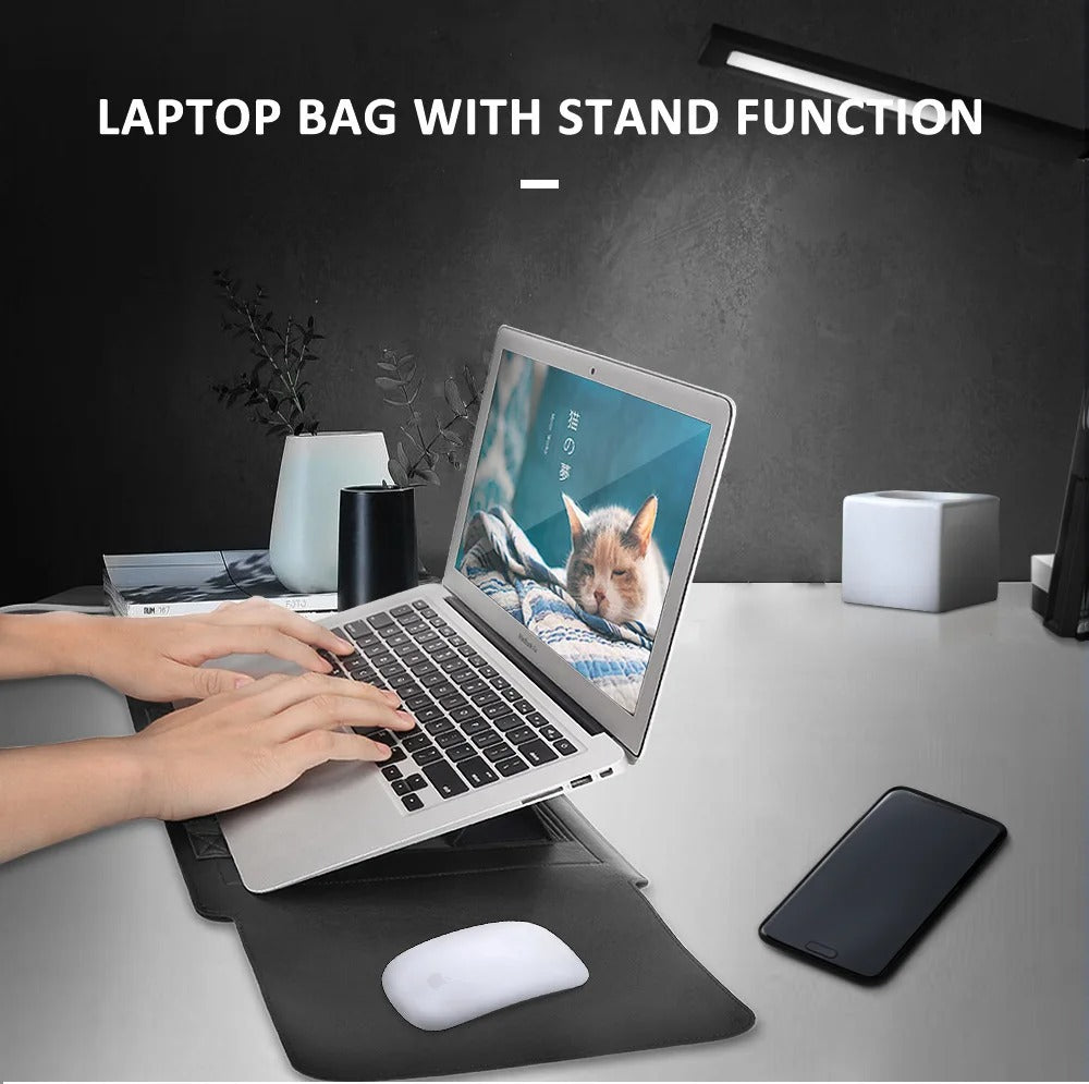 4-in-1 Laptop Sleeve PU Leather | Built-In Stand, Mouse Pad & Storage Bag | Waterproof, Scratch-Resistant Protective Case