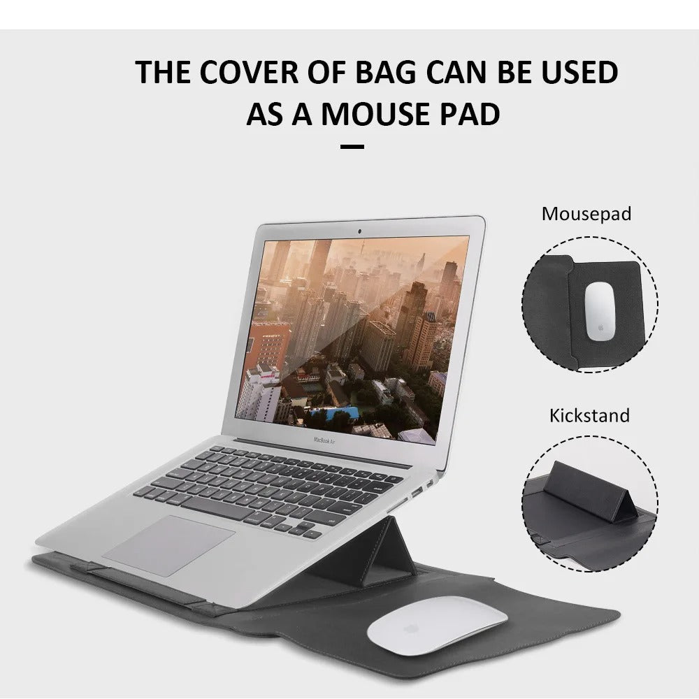 4-in-1 Laptop Sleeve PU Leather | Built-In Stand, Mouse Pad & Storage Bag | Waterproof, Scratch-Resistant Protective Case