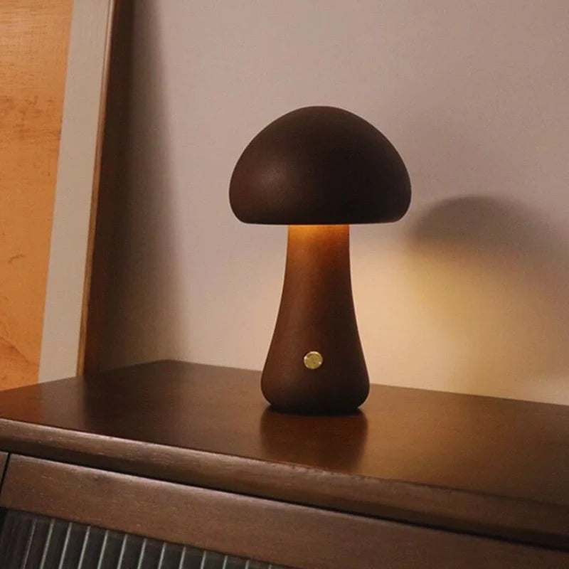 Wooden Mushroom Table Lamp Solid Wood | Cordless Rechargeable Dimmable Nightlight | Up to 10 Hours Warm White Glow 8