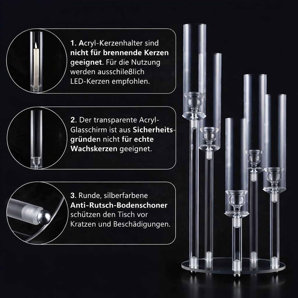 5-Arm Candle Holder Acrylic | Curved Arms for Wax or LED Candles | Shatter-Resistant Design for Indoor & Outdoor Use