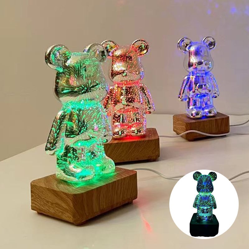 Decorative Lamp 3D Bear Glass USB Powered with Push-Button Colour Change 3