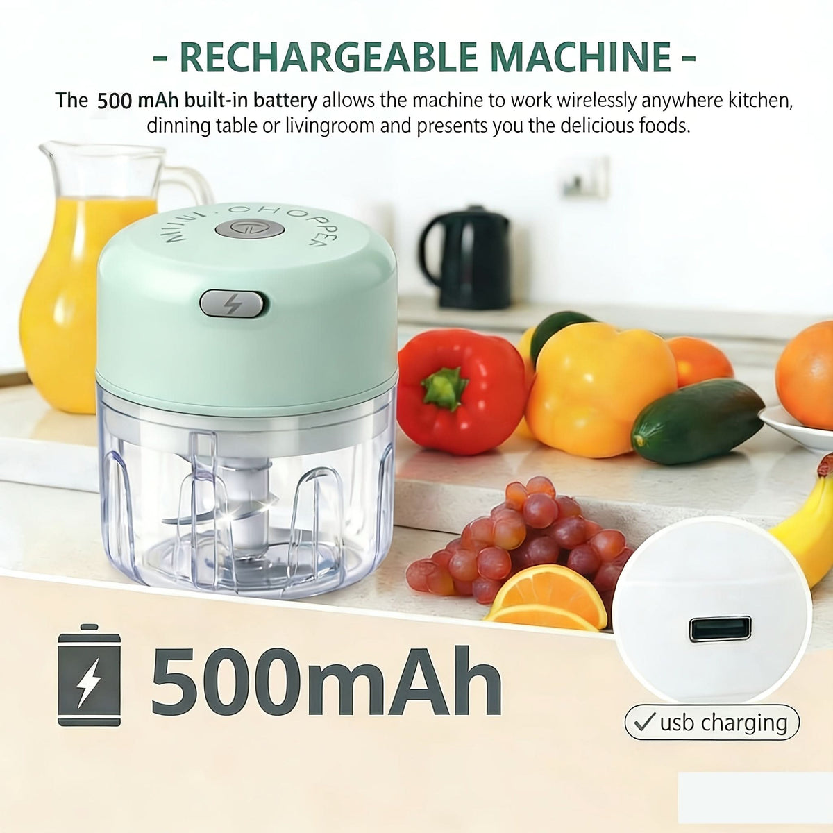 Electric Food Chopper Mini USB Rechargeable 250 ml Bowl with One-Touch Button 10