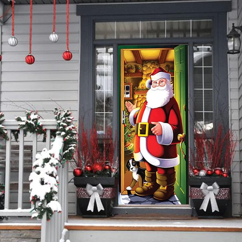 Christmas Door Cover Washable Reusable Lightweight Fabric with Quick Install 55