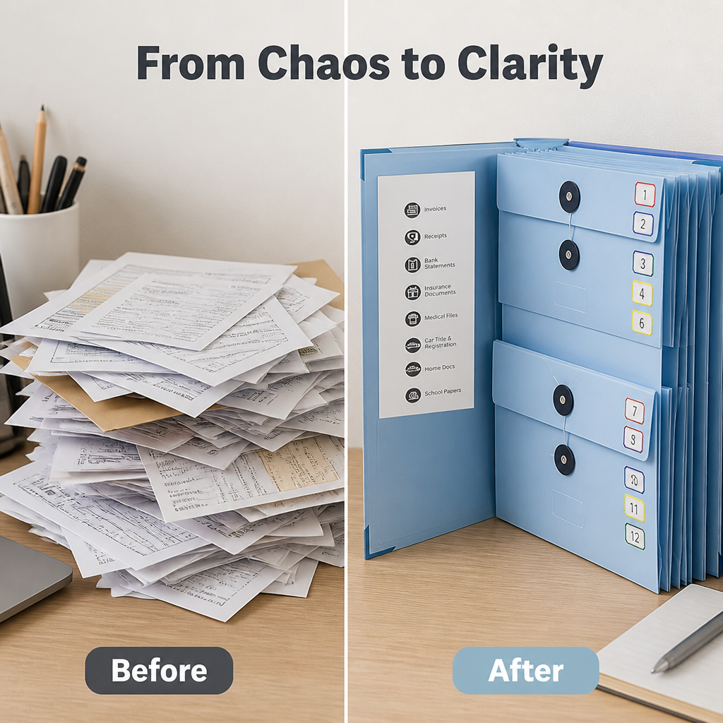 Accordion Document Organiser Acid-Free | 12 Expanding Pockets with Secure Closures | Keeps Papers Protected and Sorted