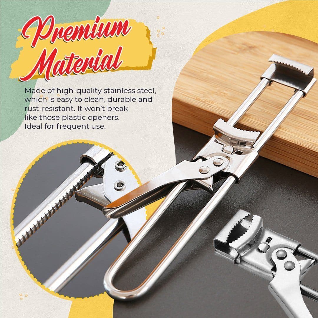 Adjustable Jar & Bottle Opener Stainless Steel | Adjustable Toothed Clamp Fits 0.5-11.2 cm Lids | Anti-Slip Secure Grip