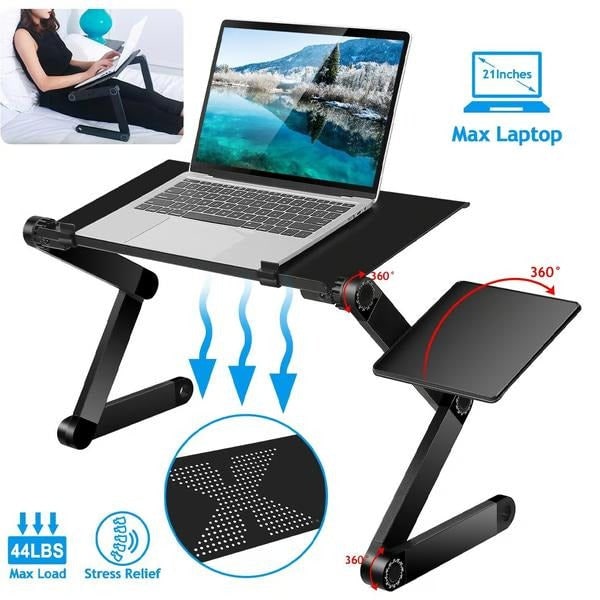 Adjustable Laptop Stand Fits Laptops up to 21 Inch | Detachable Mouse Tray, Black Matte | 360° Rotating Joints, Folds Flat