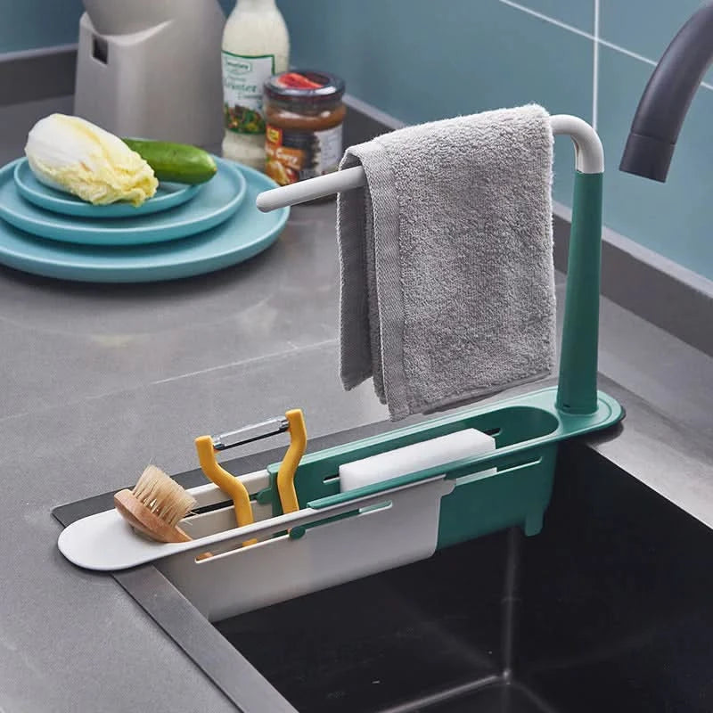 Adjustable Sink Organiser Caddy | Expandable Sliding Base & Integrated Towel Rack | Keeps Sponges Dry, Sink Spotless