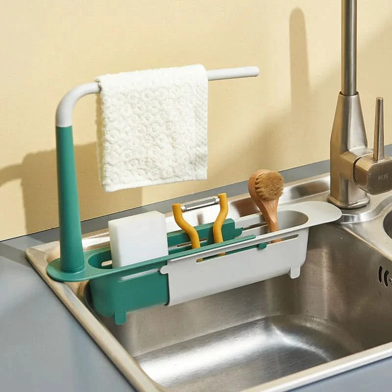 Adjustable Sink Organiser Caddy | Expandable Sliding Base & Integrated Towel Rack | Keeps Sponges Dry, Sink Spotless