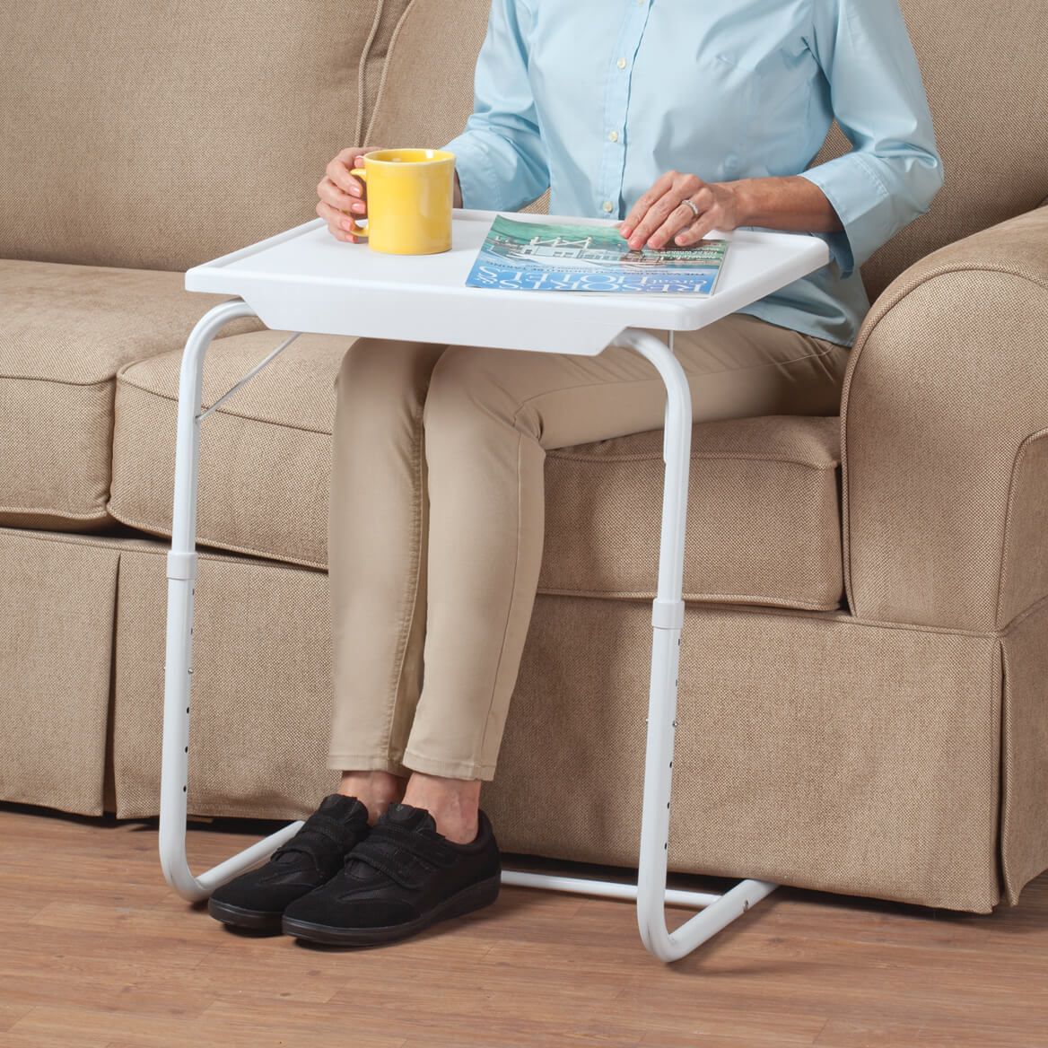 Adjustable Tray Table with 6 Heights & 3 Angles | Plastic Tray, Steel Frame, 66 cm Tall | Folds Flat, Holds 13.6 kg