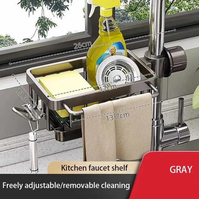 Aluminum Sink Organizer | Faucet-Mounted Caddy with Drainage Tray and Side Hooks
