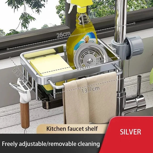 Aluminum Sink Organizer | Faucet-Mounted Caddy with Drainage Tray and Side Hooks