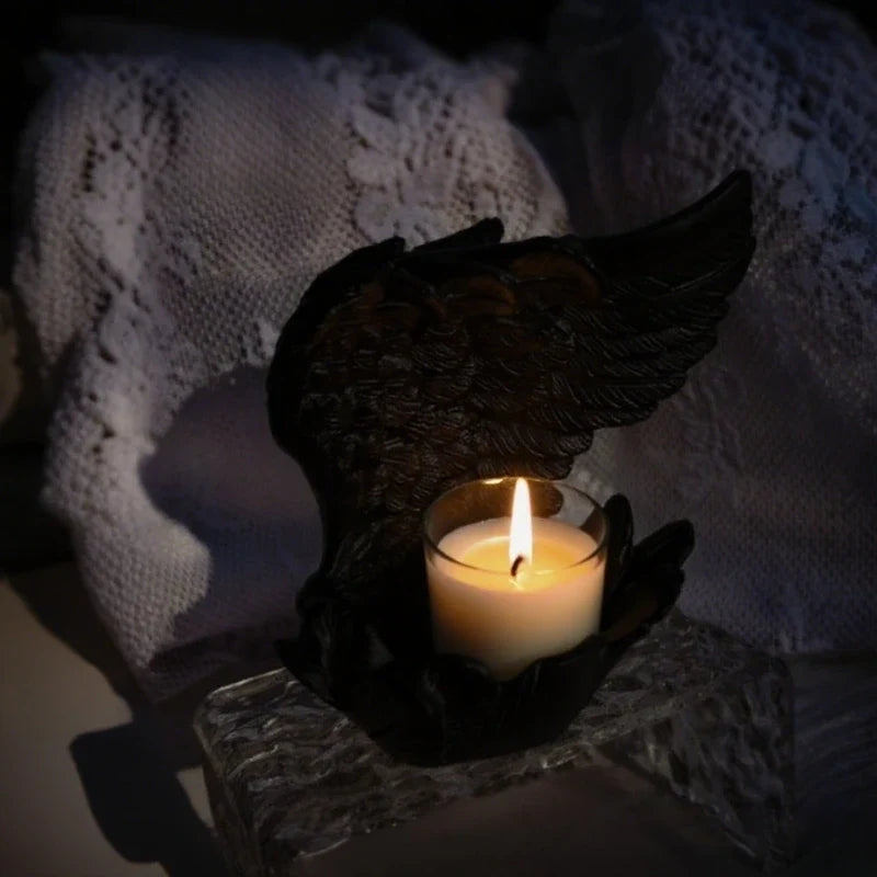 Angel Wing Candle Holder, Resin, 10 x 8 x 6 cm | White or Black | Sculpted Feathers Cast Soft Flickering Light