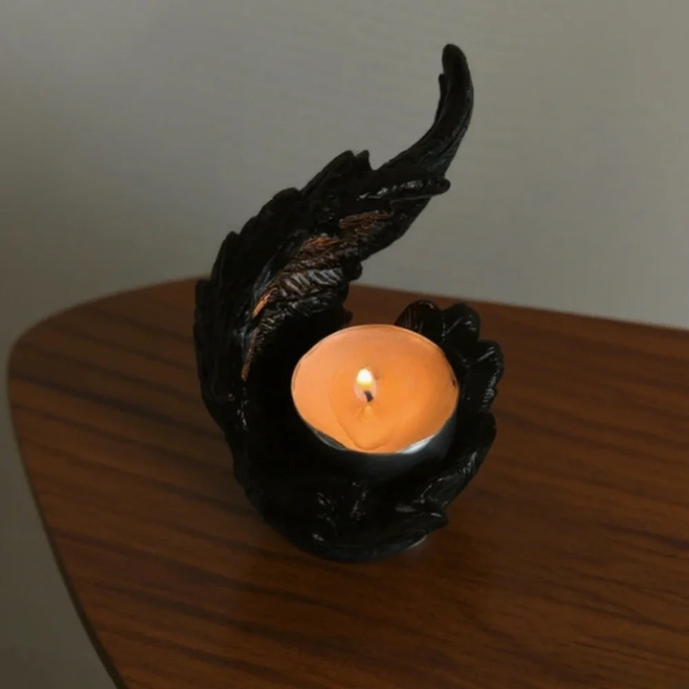 Angel Wing Candle Holder, Resin, 10 x 8 x 6 cm | White or Black | Sculpted Feathers Cast Soft Flickering Light