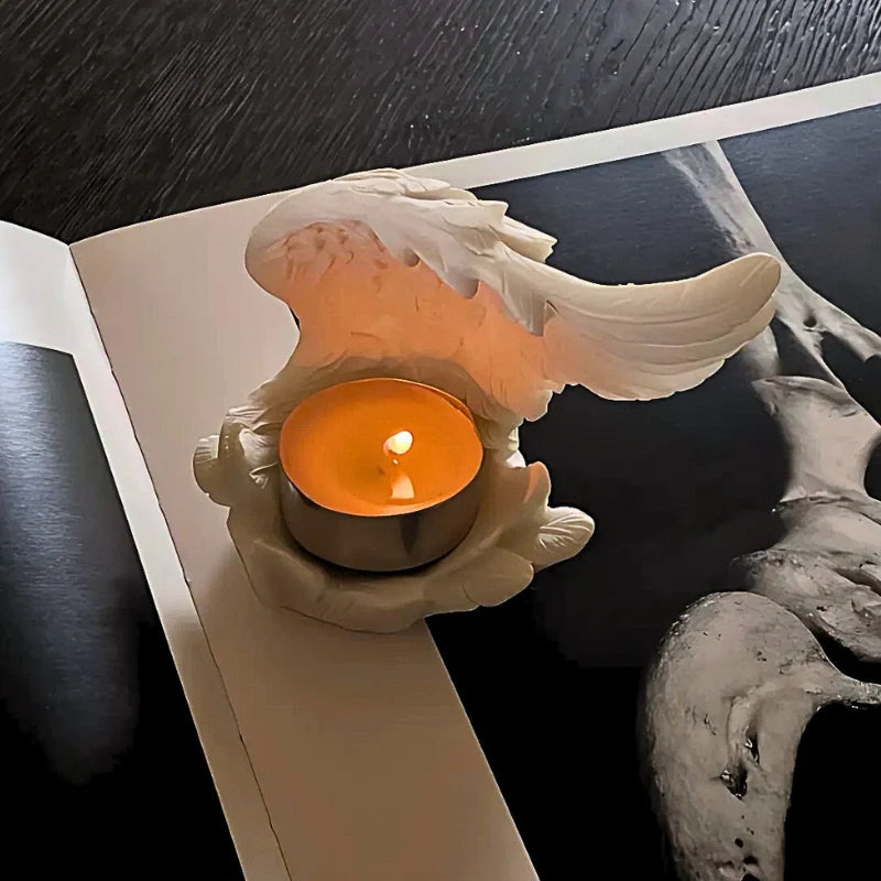Angel Wing Candle Holder, Resin, 10 x 8 x 6 cm | White or Black | Sculpted Feathers Cast Soft Flickering Light
