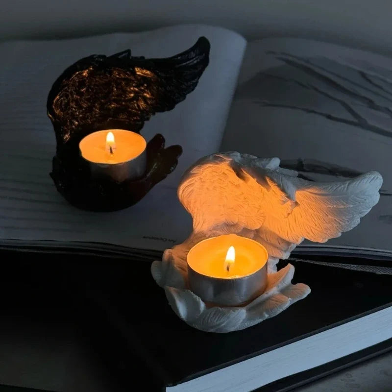 Angel Wing Candle Holder, Resin, 10 x 8 x 6 cm | White or Black | Sculpted Feathers Cast Soft Flickering Light