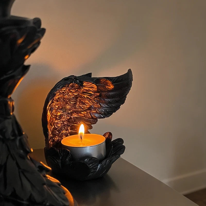 Angel Wing Candle Holder, Resin, 10 x 8 x 6 cm | White or Black | Sculpted Feathers Cast Soft Flickering Light