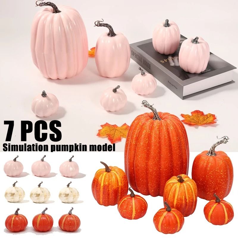Artificial Pumpkin Set Autumn Decor | 7-Piece Multi-Size Collection | Ribbed Foam Pumpkins for Halloween & Weddings