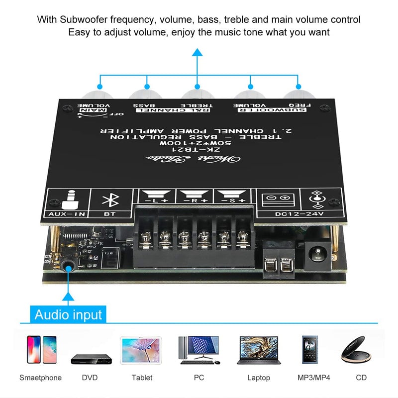 Audio Amplifier 2.1 Channel Bluetooth Module with Bass Treble Control