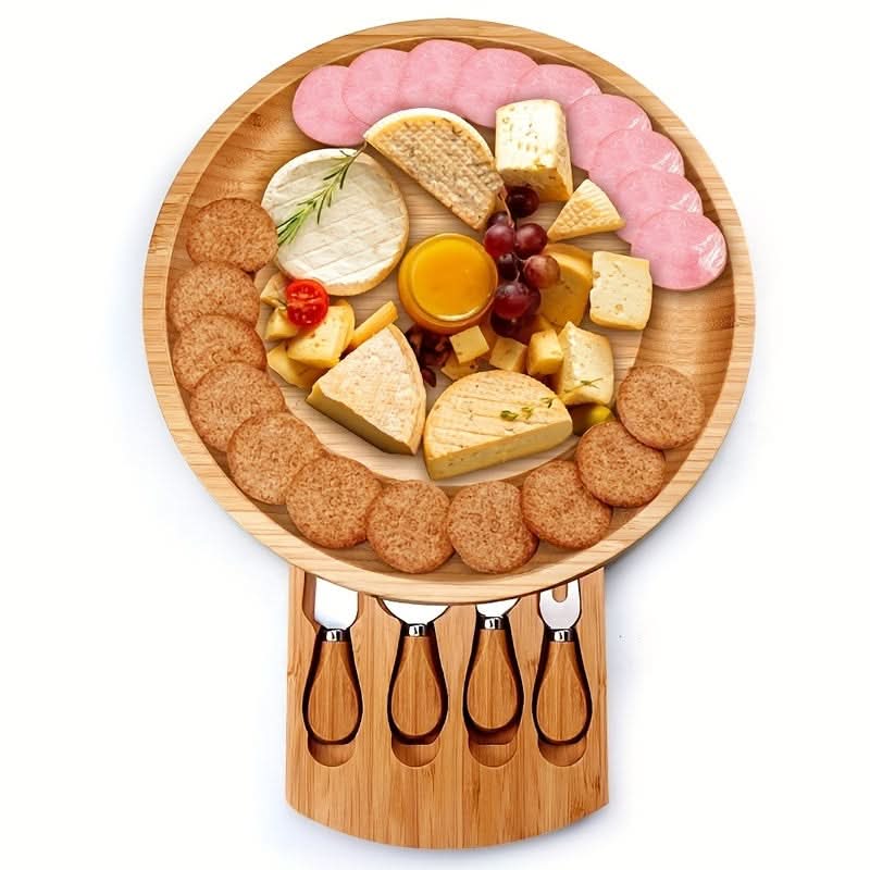 Bamboo Cheese Board Portable Drawer Storage All-In-One with Cutlery Set