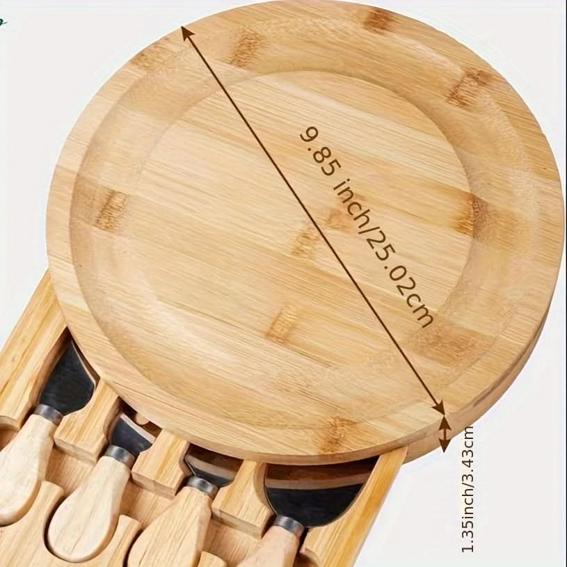 Bamboo Cheese Board Portable Drawer Storage All-In-One with Cutlery Set
