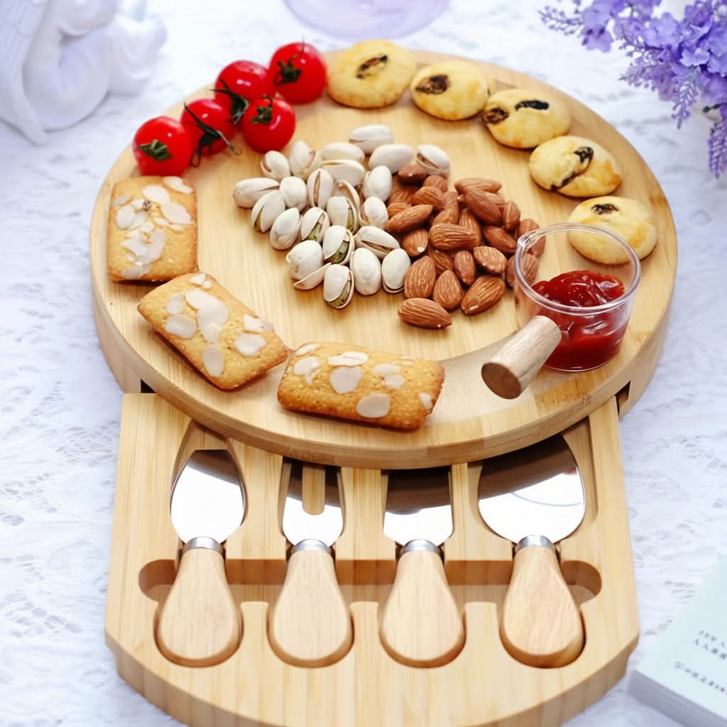 Bamboo Cheese Board Portable Drawer Storage All-In-One with Cutlery Set